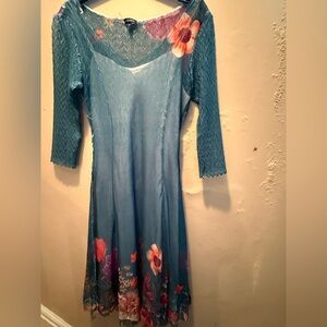 Komarov Teal and Purple Floral Long Sleeve Dress